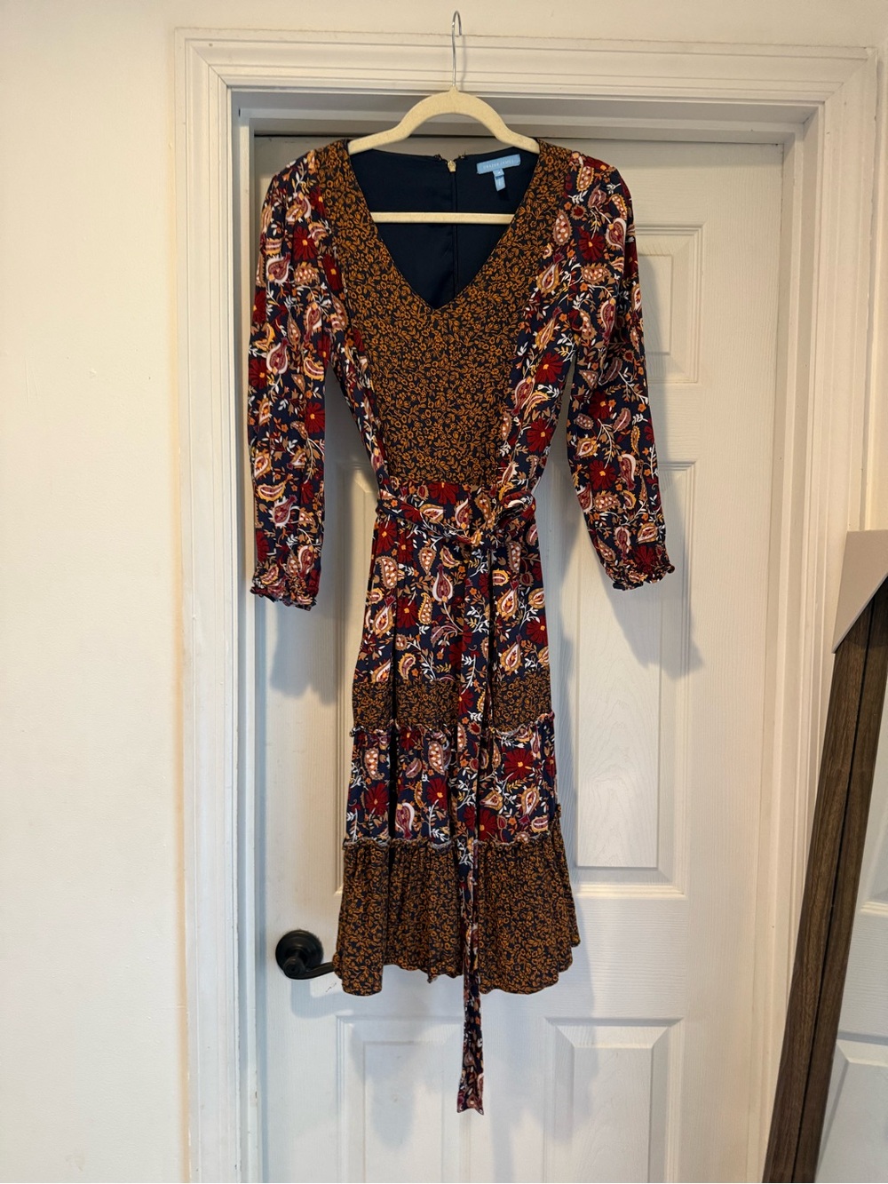 Draper James Navy and Mustard Floral Tiered Wrap Midi Dress